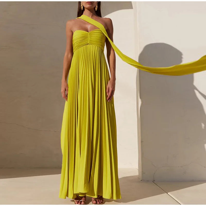 Elegant Strapless Ribbon Long Dress Women Sexy Sleeveless Backless Pleated Party Dresses 2025 Summer Lady Sexy Evening Robes New