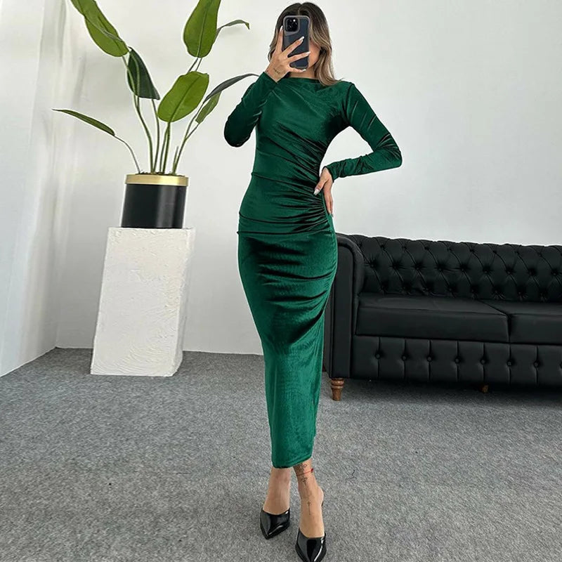 Dulzura 2025 Spring Summer Velvet Long Sleeve Midi Dress For Women Ruched Long Dress Elegant Party Clothes Evening Green Outfits