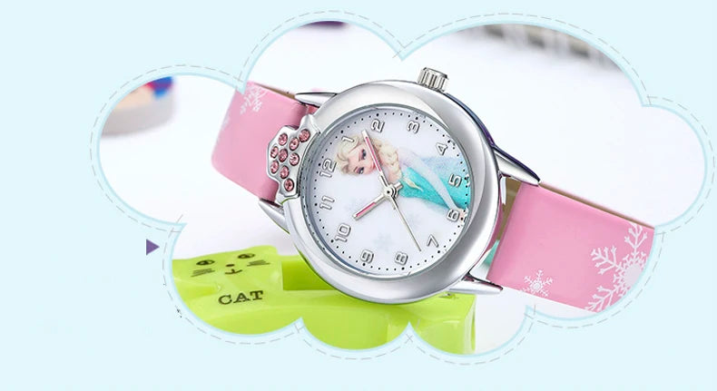 Elsa Girls Kids Watch Leather Strap Cute Children's Cartoon  Anime Princess Crown Table Gifts