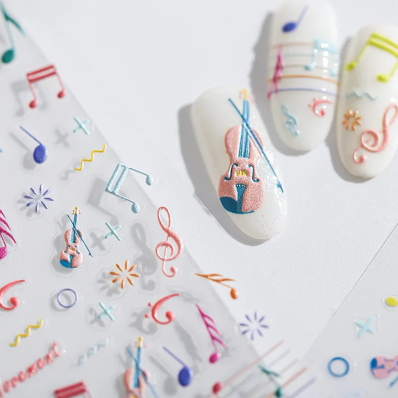 Colored Doodle Violin Music Note Design 5D Embossed Reliefs Nail Art Stickers Cute 3D Self Adhesive Manicure Decals Wholesale