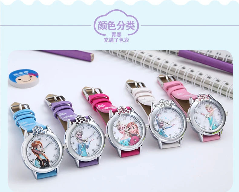 Elsa Girls Kids Watch Leather Strap Cute Children's Cartoon  Anime Princess Crown Table Gifts