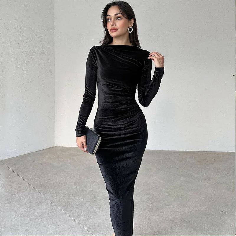 Dulzura 2025 Spring Summer Velvet Long Sleeve Midi Dress For Women Ruched Long Dress Elegant Party Clothes Evening Green Outfits