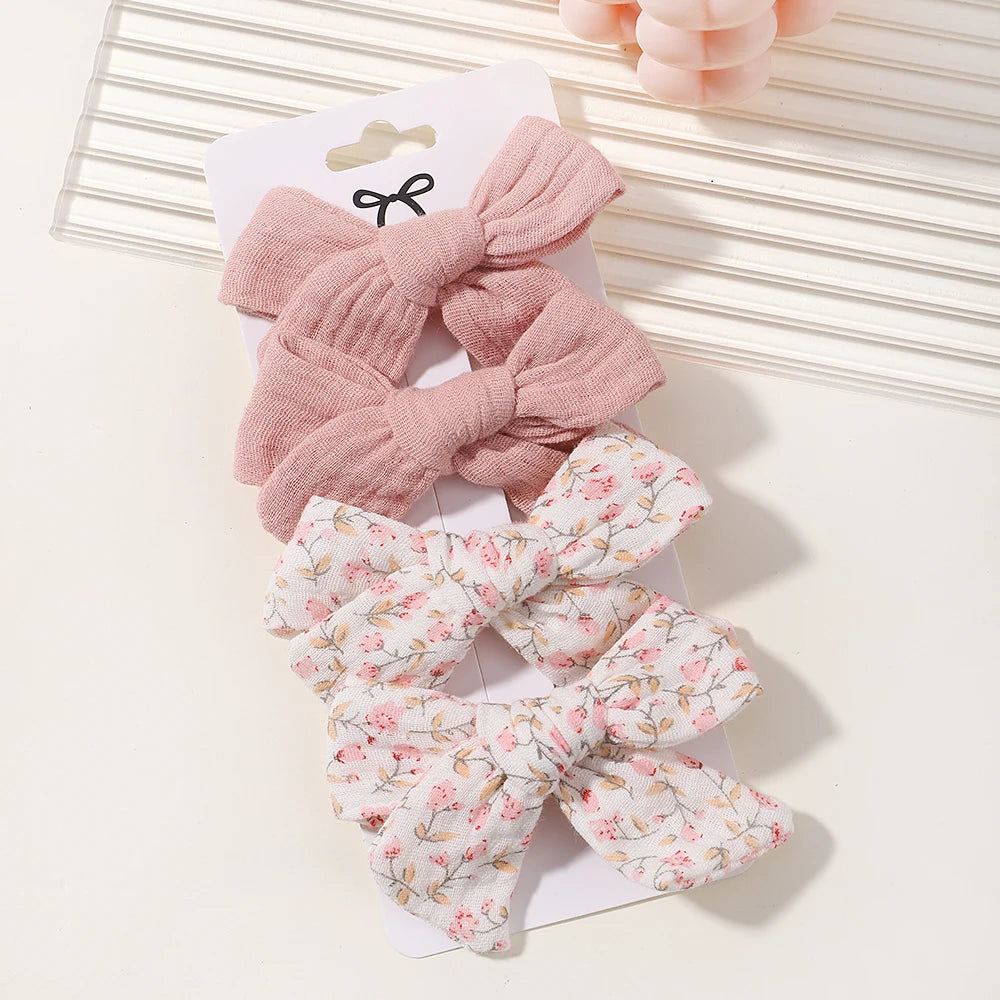 4PCS/Set Muslin Baby Girls Bows Hair Clips Hairpins Hairclip For Kids Cotton Linen Barrette Flower Print Side Pin Accessories