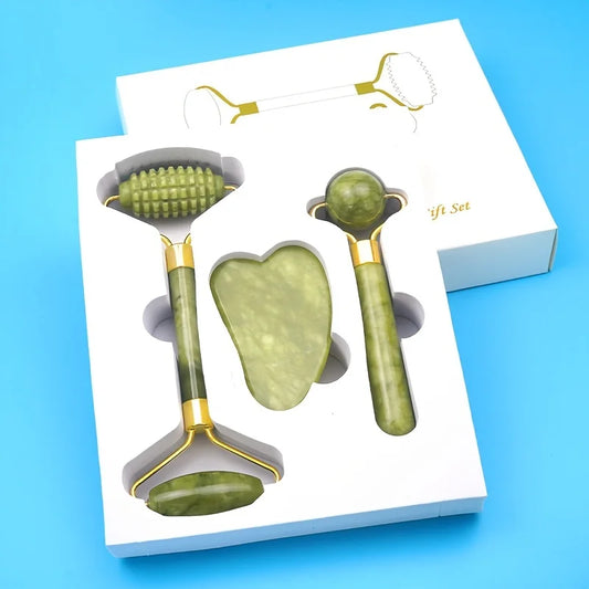 Gift,4-in-1 Jade Roller and Gua Sha Set.  Roller with Eye Massager, Jade Gua Sha, Ridged Roller Massager. Jade Roller For Face.