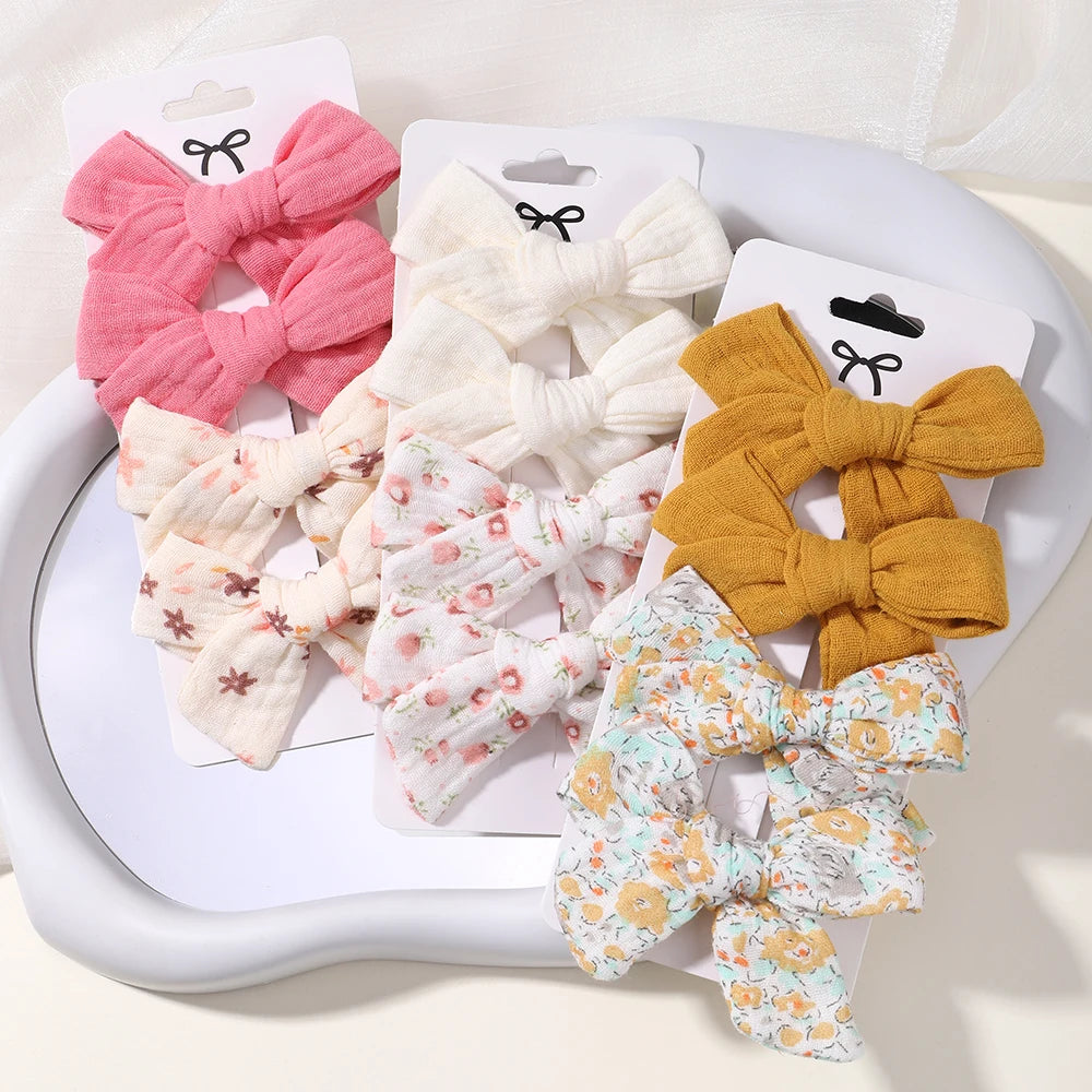 4PCS/Set Muslin Baby Girls Bows Hair Clips Hairpins Hairclip For Kids Cotton Linen Barrette Flower Print Side Pin Accessories