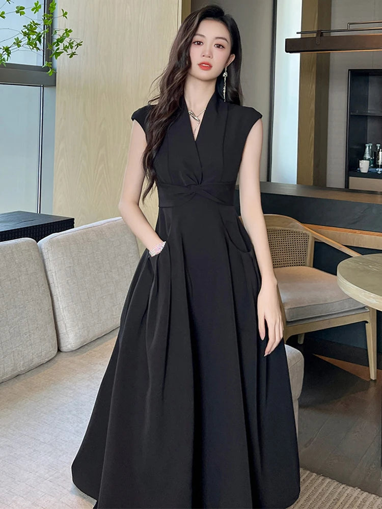 New Summer Elegant Women Evening Long Dress Lady Black Formal Chic V-Neck Slim Midi Party Gown Robe Mujer Vestido Street Clothes