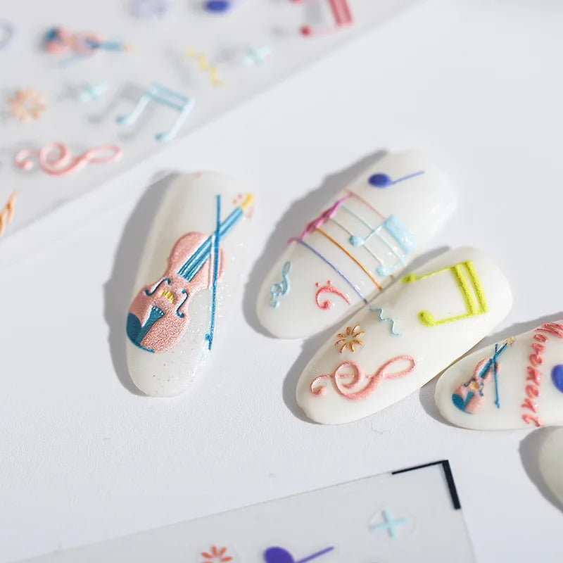 Colored Doodle Violin Music Note Design 5D Embossed Reliefs Nail Art Stickers Cute 3D Self Adhesive Manicure Decals Wholesale