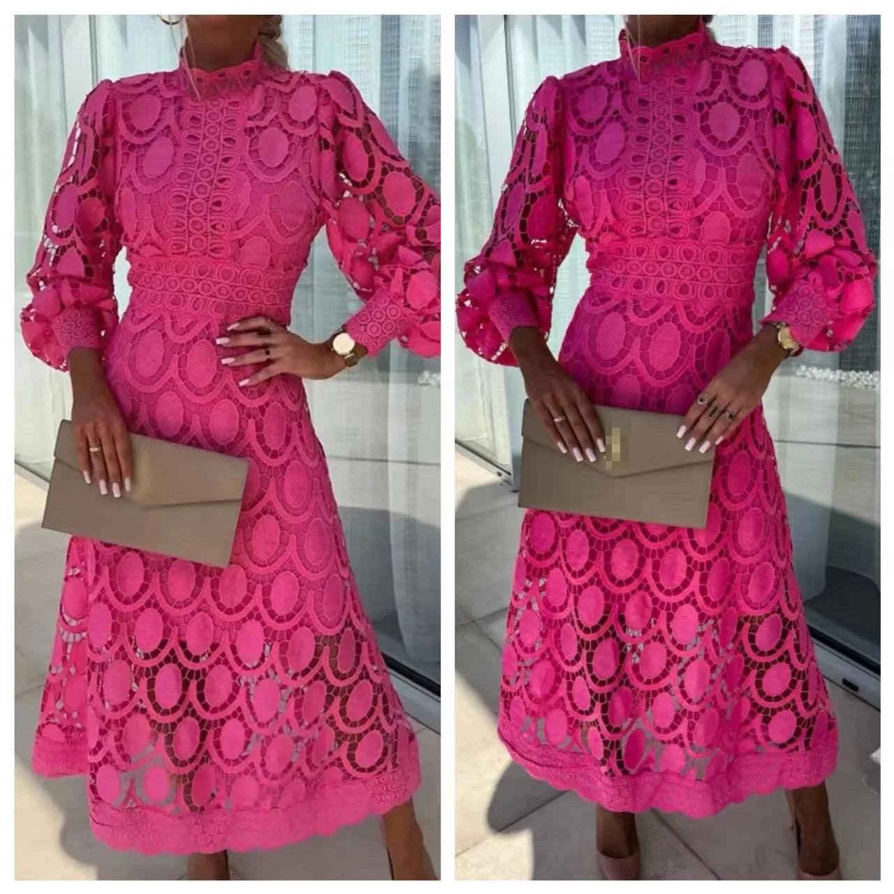Spring New Fashionable French Lace Stand Up Collar With Bubble Sleeves Waist Cinching Slimming Dress Elegant Long Dress