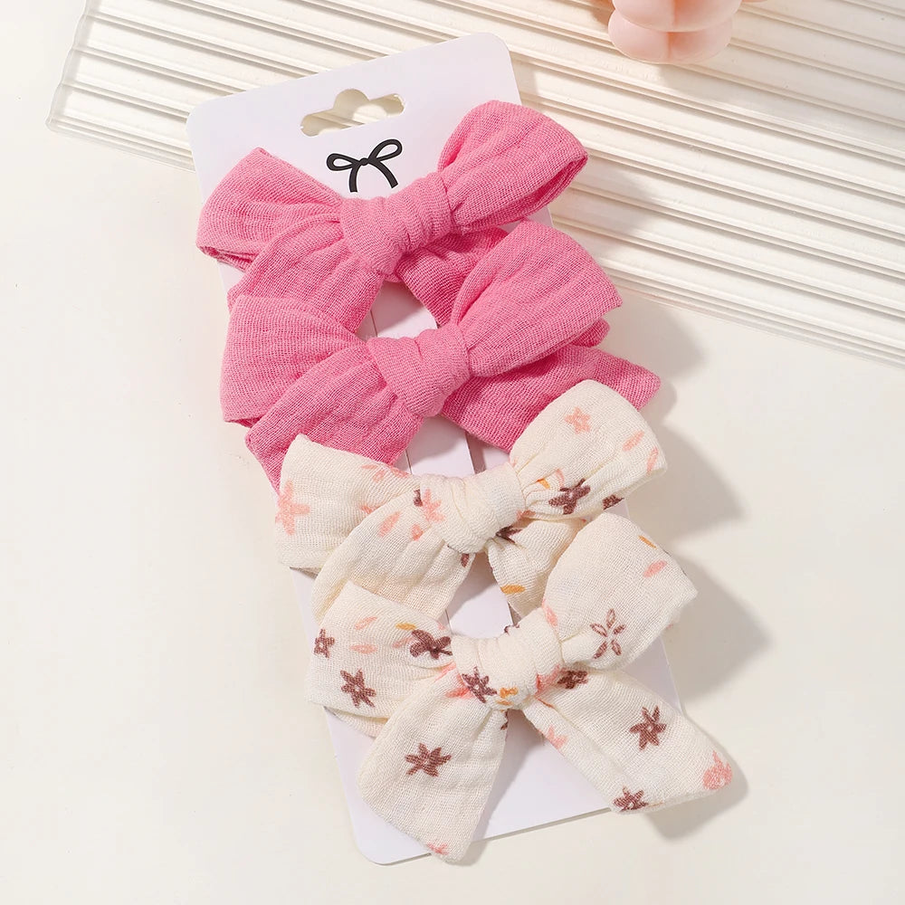 4PCS/Set Muslin Baby Girls Bows Hair Clips Hairpins Hairclip For Kids Cotton Linen Barrette Flower Print Side Pin Accessories