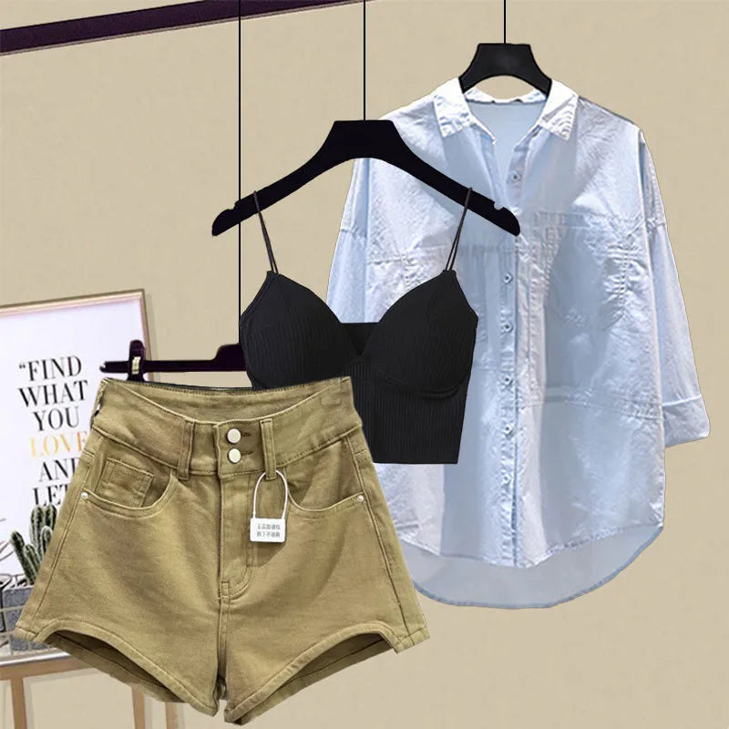 Spring/Summer Set Women's New Design Sense Sunscreen Shirt Fashion Tank Top Slimming Denim Shorts Age Reducing Three Piece
