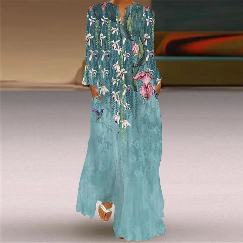 Elegant Bohemian Retro Ethnic Style Large Swing Long Dress 2025 New Women's V-neck Long Sleeved Pocket Printed Loose Dress Femme