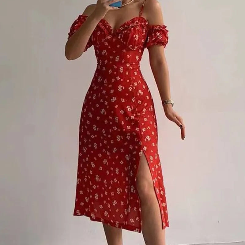 Women Elegant Off Shoulder V Neck Long Dress Sexy Sling Ruffle Strapless Slit Party Dress Spring Floral Print Slim Dress 21764