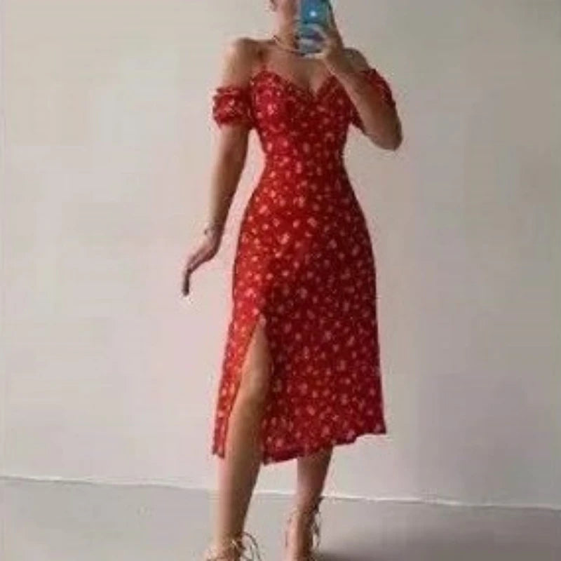 Women Elegant Off Shoulder V Neck Long Dress Sexy Sling Ruffle Strapless Slit Party Dress Spring Floral Print Slim Dress 21764