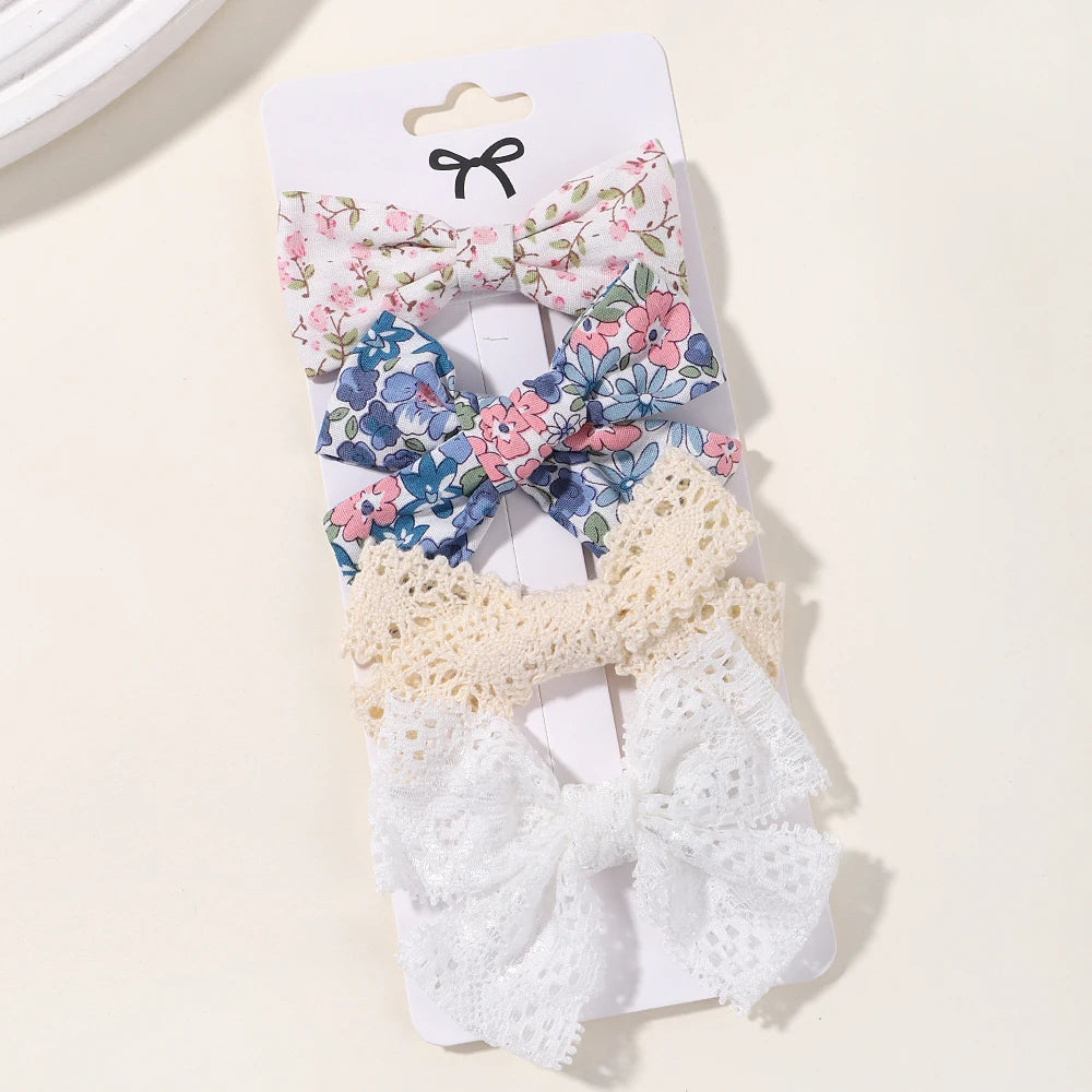 4PCS/Set Muslin Baby Girls Bows Hair Clips Hairpins Hairclip For Kids Cotton Linen Barrette Flower Print Side Pin Accessories
