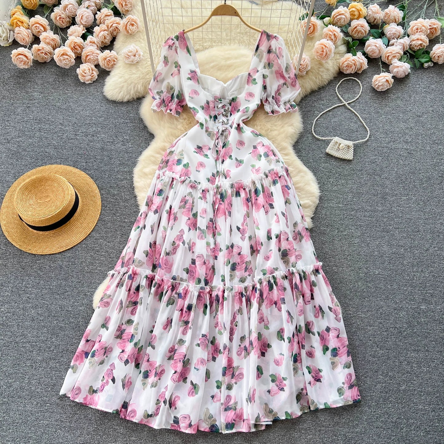 SINGREINY Beach Vacation Floral Print Dress Women Backless Lace Up Cross Bandage Ruched Korean Hotsweet Fashion Party Long Dress