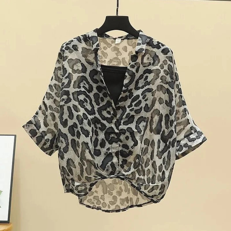 2025 Blusas Mujer De Moda Chiffon Shirts Sets Fashion Sexy Leopard V-neck Blouses Tunic Vest Suit Temperament Summer Loose Tops