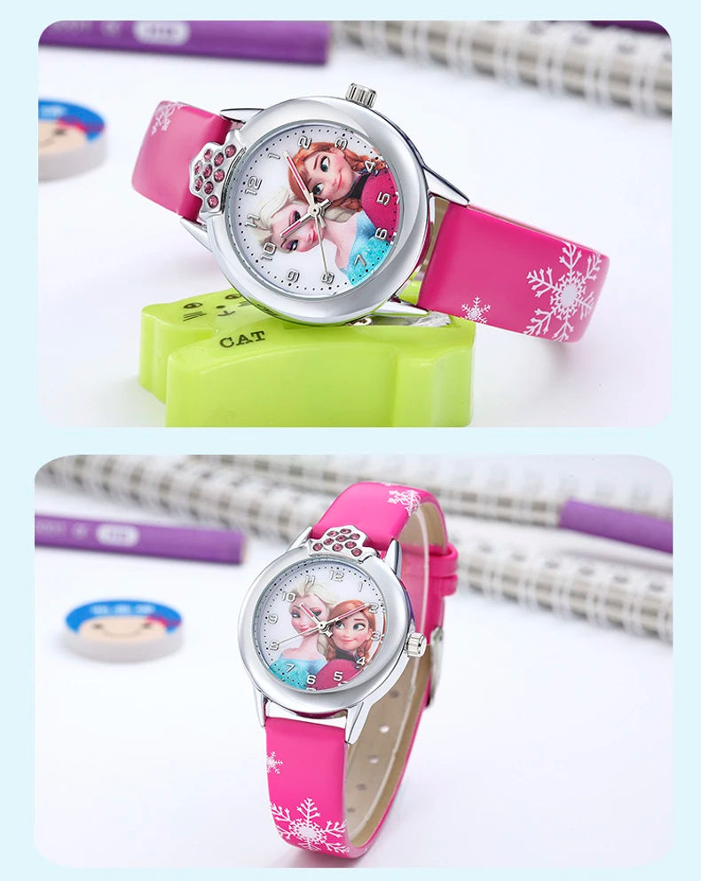 Elsa Girls Kids Watch Leather Strap Cute Children's Cartoon  Anime Princess Crown Table Gifts