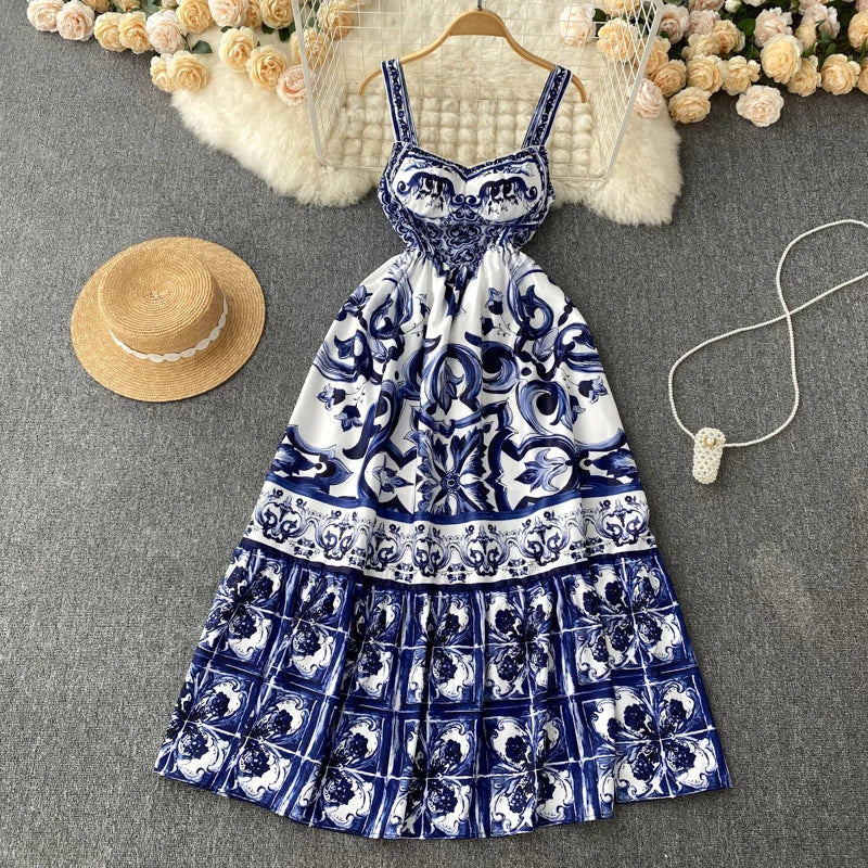 New Summer Holiday Elastic Yellow Print Long Dress Women's Spaghetti Strap Cup Padded Backless Blue White Porcelain Maxi Vestido