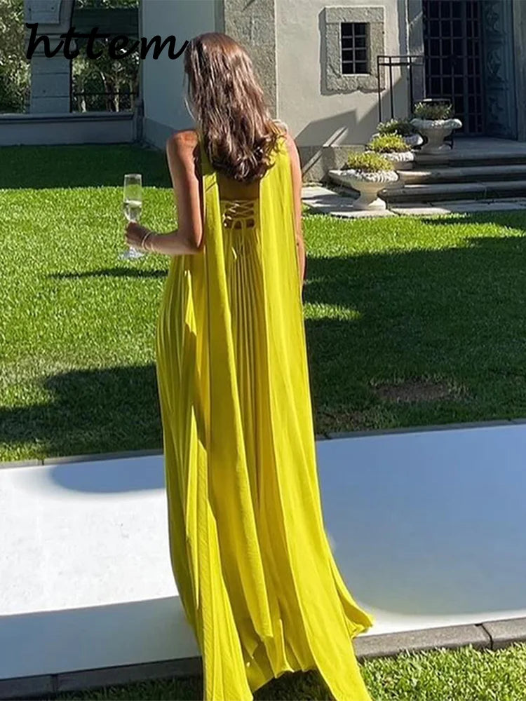 Elegant Strapless Ribbon Long Dress Women Sexy Sleeveless Backless Pleated Party Dresses 2025 Summer Lady Sexy Evening Robes New