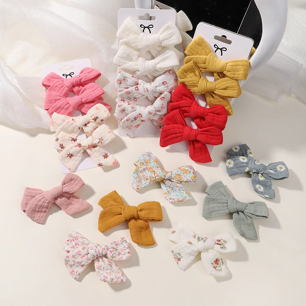 4PCS/Set Muslin Baby Girls Bows Hair Clips Hairpins Hairclip For Kids Cotton Linen Barrette Flower Print Side Pin Accessories