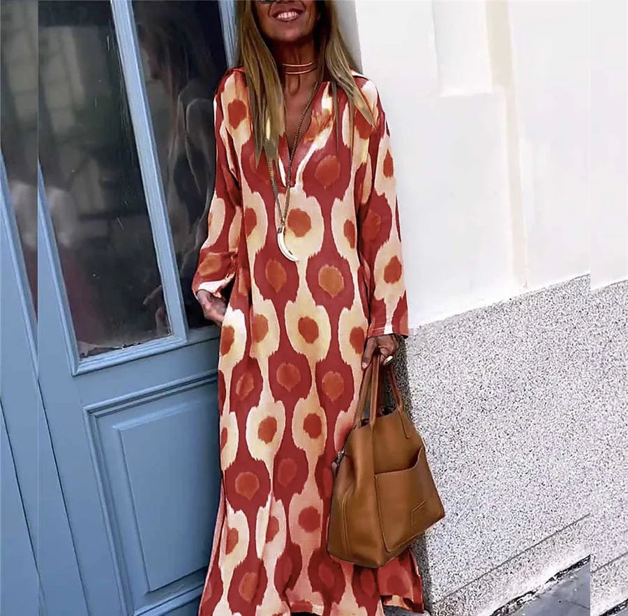 Bohemian Casual Print V-neck Long Dress Spring Autumn Vintage Mosaic Print Maxi Dress Loose Long Sleeve Holiday Dresses Vestido