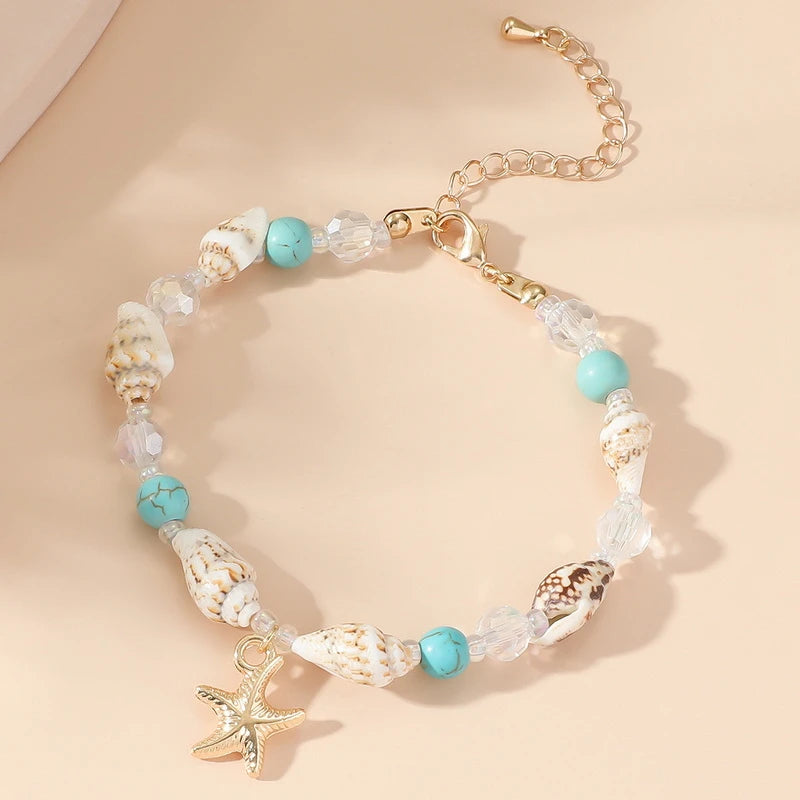 Boho Starfish Conch Bracelet Anklets for Women Girls Cute Shell Rice Beads Leg Ankle Chain Summer Foot Beach Jewelry Gifts