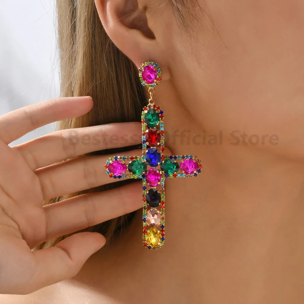 Luxury Shiny Crystal Clear Glass Cross Earrings Woman Popular Long Pendant Retro Statement Large Hanging Jewelry Ear Accessories