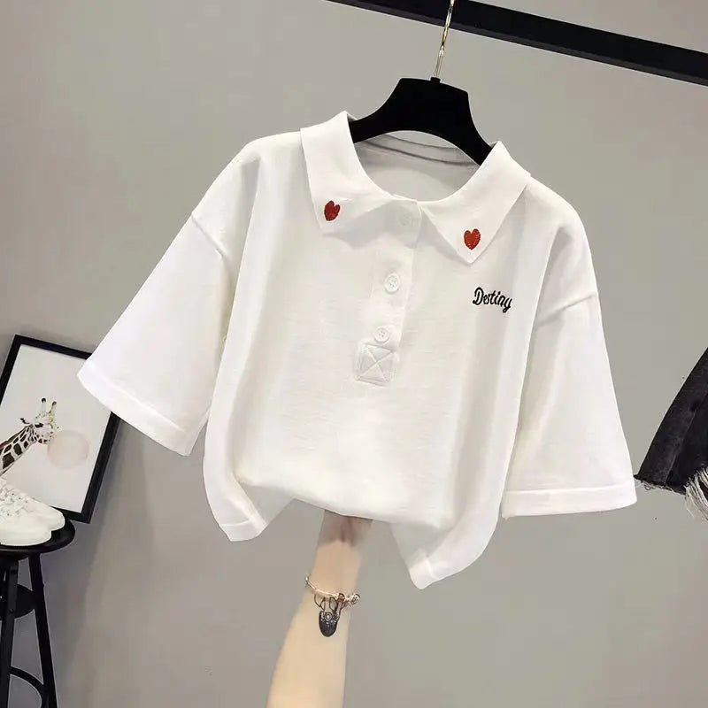 Summer Set Korean Loose Fitting College Style Pure Cotton Polo Neck T-shirt+casual Pants Two-piece Set Trend Y2k Clothes Women